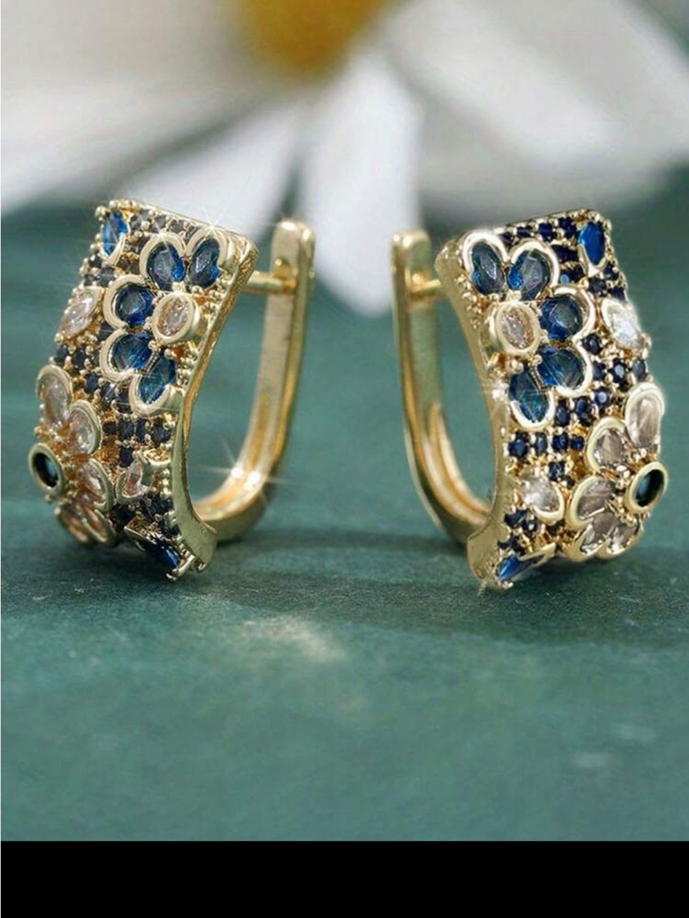 Gold Floral Hoop Earrings with Blue and White Stones